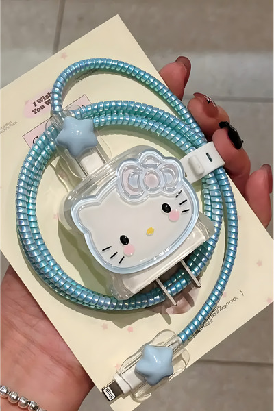 Fibaks iPhone 18W/20W/25W Mavi Hello Kitty Şarj Aleti Koruyucu Şarj Kablosu Ö...