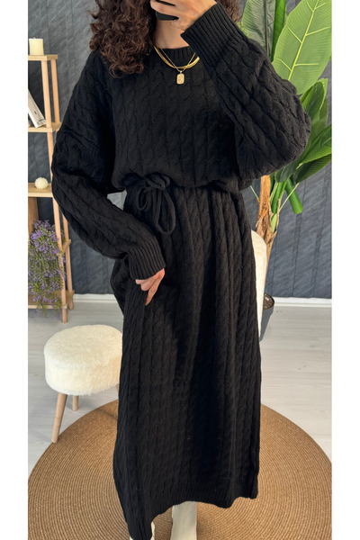 PUANT ATELIER Bisiklet Yaka Saç Örgülü Yumoş Kadın Triko Midi Elbise