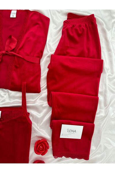 Lena Homewears Women's Pajamas Set with Red Lingerie and Velvet Dressing Gown