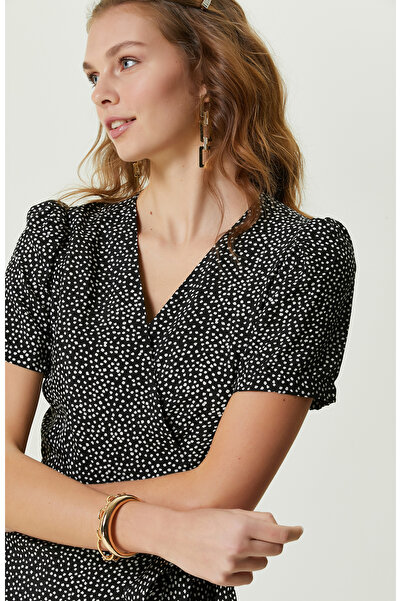 Network Siyah Desenli Kruvaze Yaka Diz Boy Elbise