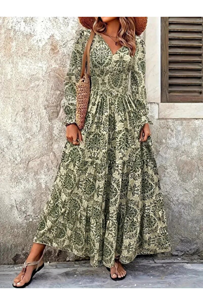 JANES Women's Long Sleeve V-Neck Patterned Single Jersey Dress