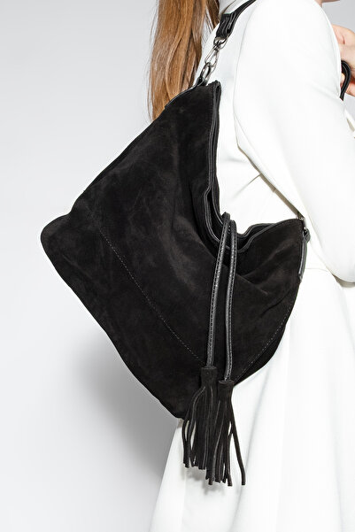 Marjin حقيبة يد وكتف نسائية من الجلد الطبيعي مزينة بشراشيب من جلد الغزال الأس...