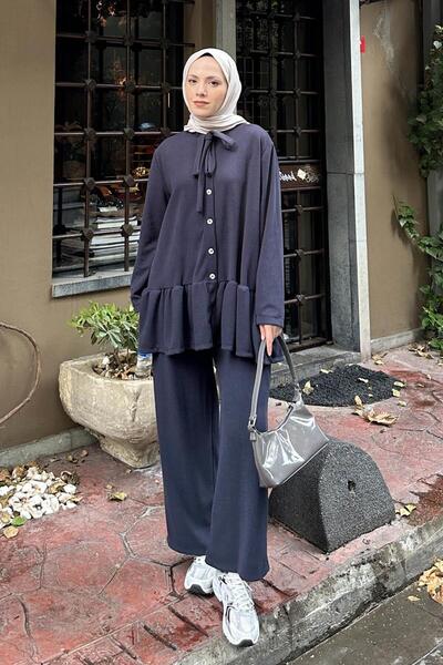 lamelif Costum hijab din țesătură tricotată cu detaliu volan, albastru închis