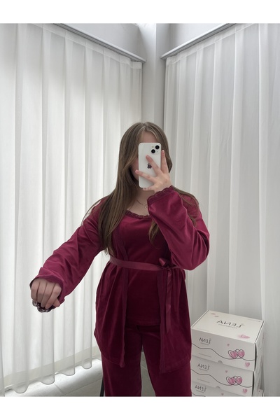 Lena Homewears Női pizsama szett bordó bársony pongyolával