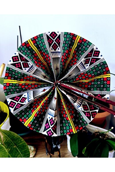 AlminaMia Ankara Kumaş Afrika Yelpazesi, Deri Saplı Yuvarlak Katlanabilir El ...