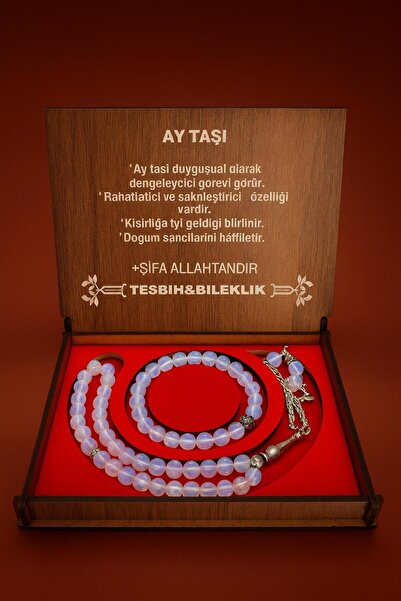 grs oyuncak Doğaltaş Ay Taşı Kutulu Tesbih Bileklik Seti
