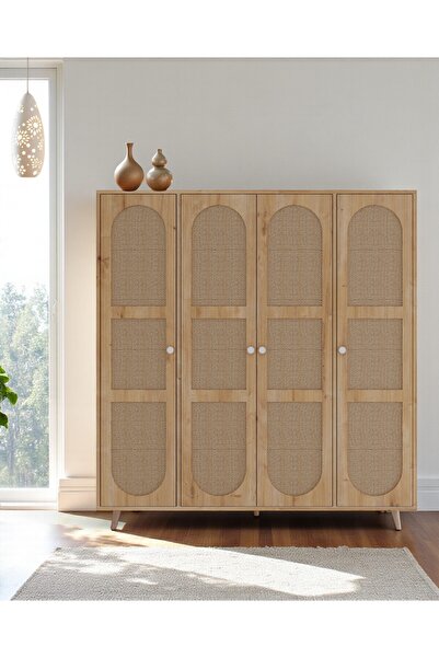 FLORADESİGN Bali Bohem - 4 Kapaklı Gardırop | jüt MDF Kapaklı Elbise Dolabı | 160cm -Meşe