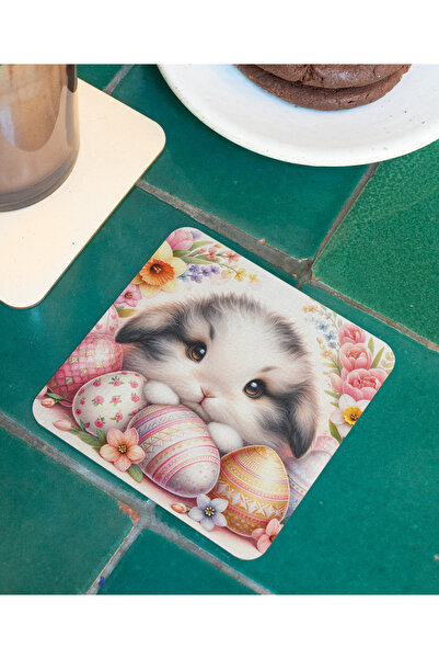 Nino Store 🐰   قاعدة أكواب مربعة مطبوعة على شكل أرنب عيد الفصح اللطيف مع قاع...