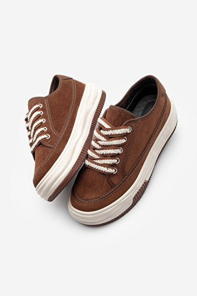 Marjin Kadın Sneaker Yüksek Taban Bağcıklı Spor Ayakkabı Kotnel Kahve Süet