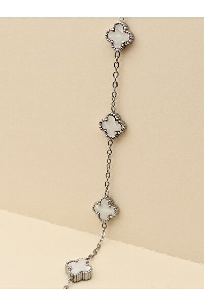 Siya Silver Kararmaz Çelik Marka Model Gümüş Renk Minimal Yonca Bileklik-Mini...