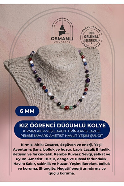 OSMANLI DOĞAL TAŞ Sertifikalı Doğaltaş Düğümlü Kız Öğrenci Kolye 6 mm M422