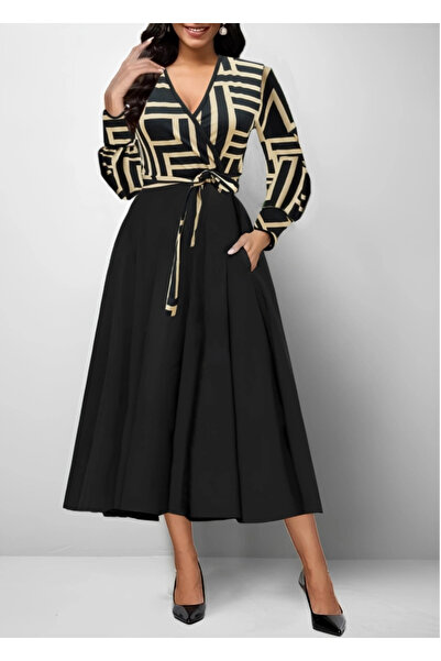 BÜŞRA TEZEL MODA Γυναικείο μακρυμάνικο φόρεμα με διπλό στήθος Diver Crepe Mid...