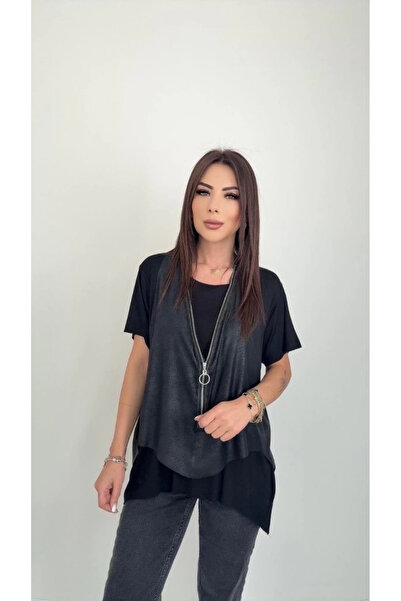 Euro Class Women's Short Sleeve Round Neck Viscose Blouse + Sleeveless Zipper-Up Crack Leather Vest