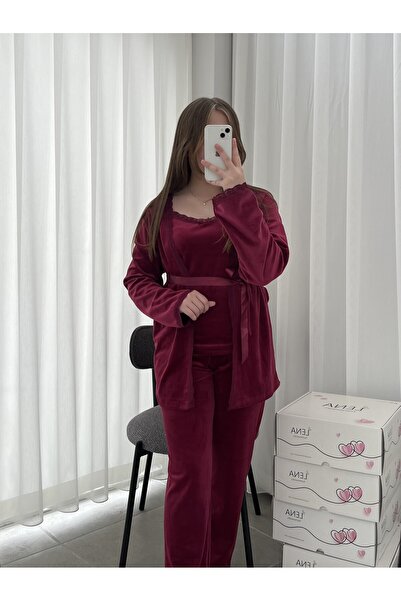 Lena Homewears Női pizsama szett bordó bársony pongyolával