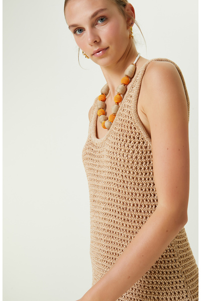 Network Camel Bisiklet Yaka Askılı Elbise