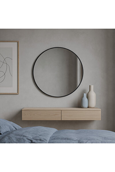 Aypars Atölye Yuvarlak Duvar Aynası – Siyah Çerçeveli Modern Ayna, Doğal Bany...