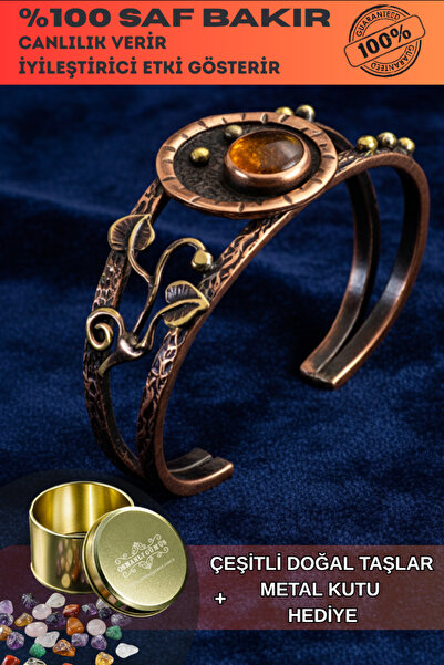 OSMANLI GÜMÜŞ Kadın Bakır Bileklik - Sarı Akik Yaprak Motifli Kadın Bilezik D...