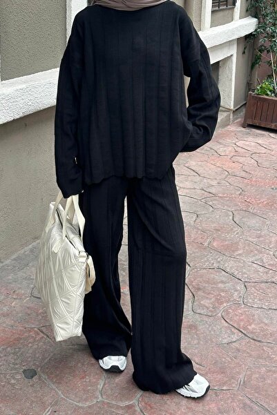 lamelif Ribbed Knitwear Hijab Set Black