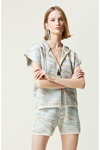 Network Bej Desenli Kapüşonlu Hırka