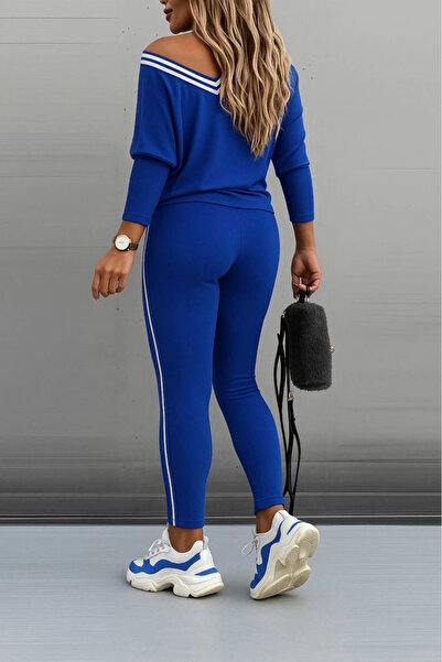 Butik Women's Long Sleeve One Shoulder Detailed Viscose Two Thread Blouse and Pants Two Piece Set