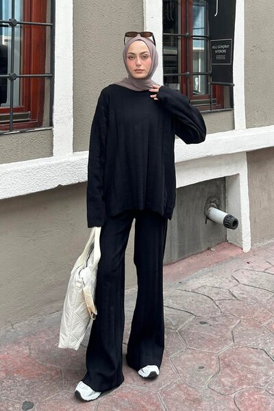 lamelif Ribbed Knitwear Hijab Set Black