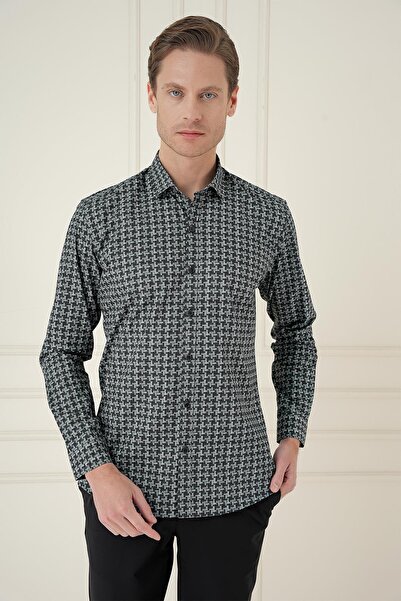 Efor Slim Fit Kazayağı Desenli %100 Pamuk Casual Gri Gömlek G 1585