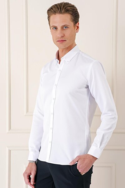 Efor Slim Fit Düğmeli Yaka Dokulu Pamuklu Klasik Beyaz Gömlek Gk 717