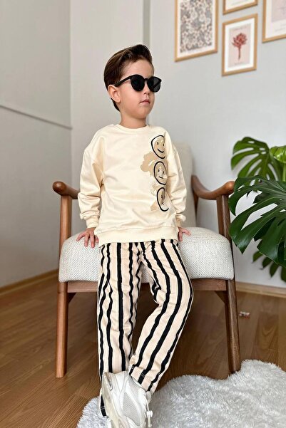 My Kids Wear Emoji Baskılı Çizgili Spor Erkek Çocuk Takım