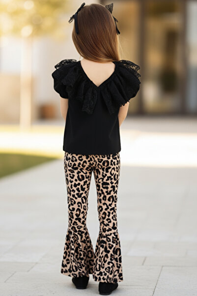 Parla Kids Girl's Bright Lace Detailed Short Sleeve Black Blouse Spanish Leggings Pants Buckle Bottom Top Set