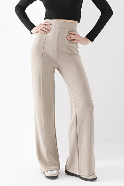 OLİZZA Women's Beige Modal Wide Leg Striped High Waist Elastic Waist Soft Textured Lycra Trousers