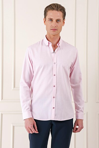 Efor Slim Fit Düğmeli Yaka Dokulu %100 Pamuk Klasik Pudra Gömlek Gk 724