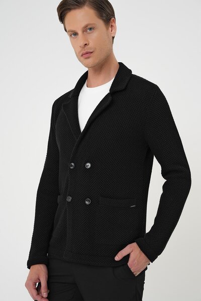 Efor Kruvaze İlikleme Torba Cep Siyah Örme Triko Ceket 01
