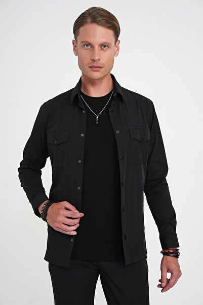 Efor Comfort Fit Çıt Çıtlı Yandan Cepli Esnek Siyah Gömlek Ceket G 1591