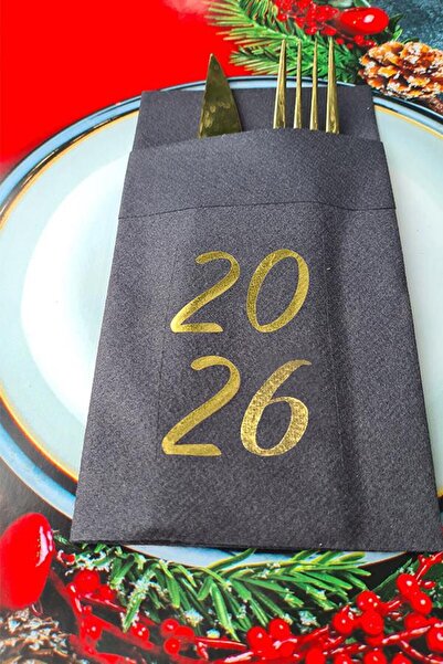 PEKSHOP Fabric Textured Black Napkin Gold Foil 2026 Written New Year's Table ...