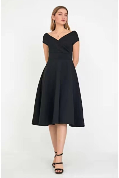 BÜŞRA TEZEL MODA Women's Short Sleeve Double Breasted Collar Skirt Flounce Crepe Dress