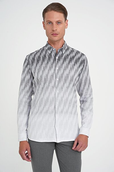 Efor Comfort Fit Pano Desen Düğme Yaka %100 Keten Gri Gömlek G 1594