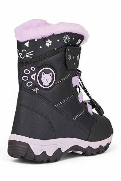 Nstil Κοριτσίστικες μαύρες μπότες χιονιού - Velcro, κορδόνι και γούνινο σχέδιο, μποτάκι με χοντρή οδοντωτή σόλα 014