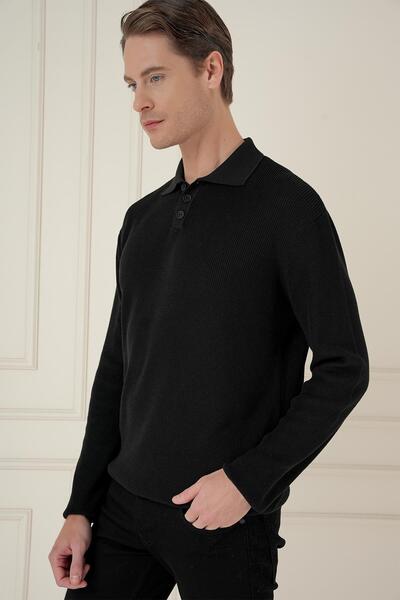 Efor Fitilli Dokuma Düğmeli Polo Yaka Siyah Triko Kazak TR 887