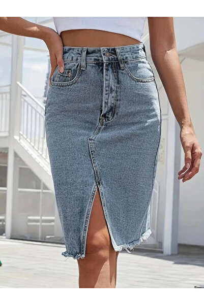 Serero Women's Elastic Waist Ripped Edge Detailed Denim Skirt