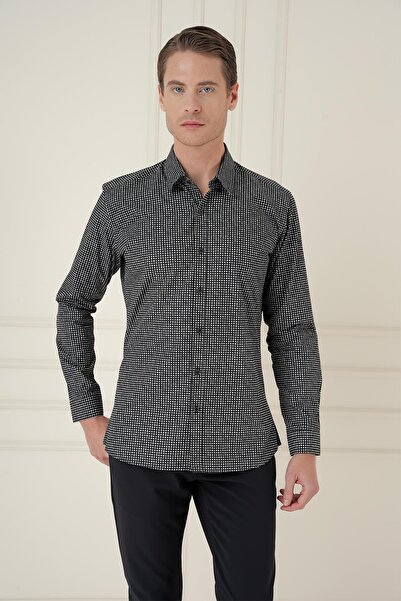 Efor Slim Fit Baskılı %100 Pamuk Spor Siyah Gömlek G 1587