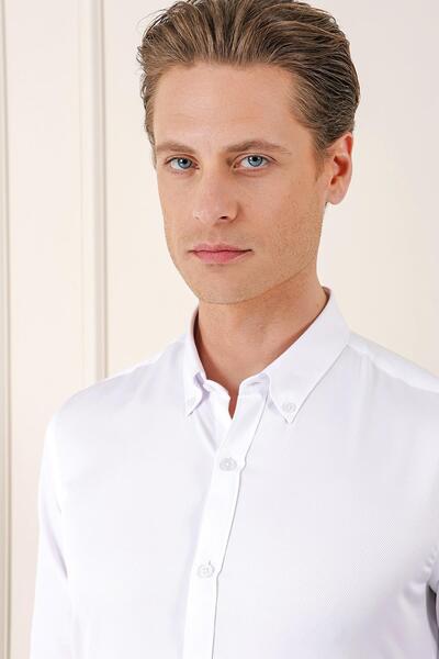 Efor Slim Fit Düğmeli Yaka Dokulu Pamuklu Klasik Beyaz Gömlek Gk 717