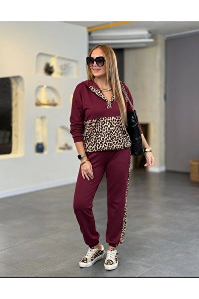 BZ Boutique Women's long sleeve hooded leopard print viscose two-thread blouse and pants two-piece set