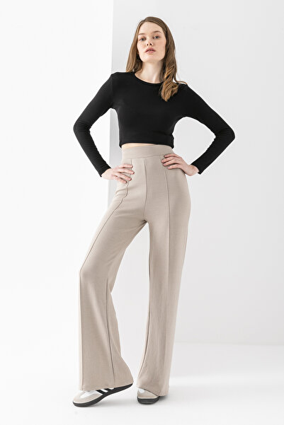 OLİZZA Women's Beige Modal Wide Leg Striped High Waist Elastic Waist Soft Textured Lycra Trousers