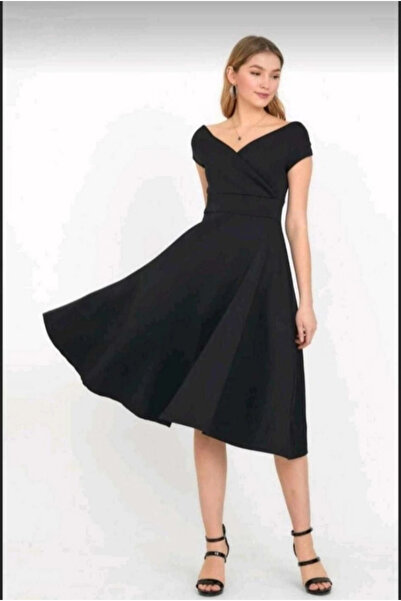 BÜŞRA TEZEL MODA Women's Short Sleeve Double Breasted Collar Skirt Flounce Crepe Dress