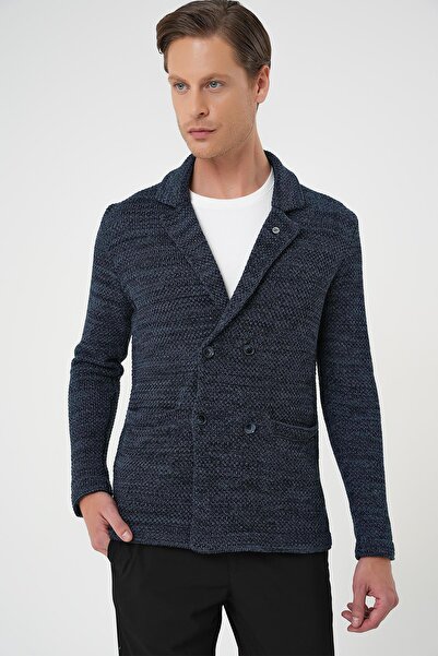 Efor Kruvaze İlikleme Torba Cep Lacivert Örme Triko Ceket 01