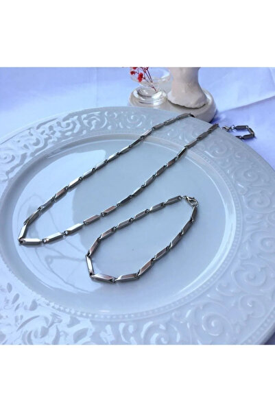 Igen Aksesuar Küp Üçgen Model Erkek Çelik Zincir Kolye Bileklik Set