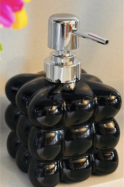 MAKRİ HOME Seramik Üzüm Sabunluk 350 ml – 9x9x15(Y) cm, Siyah Beyaz