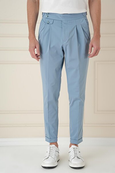 Efor Comfort Fit Beli Tokalı Çift Pileli Havacı Mavi Jogger Pantolon P 1172
