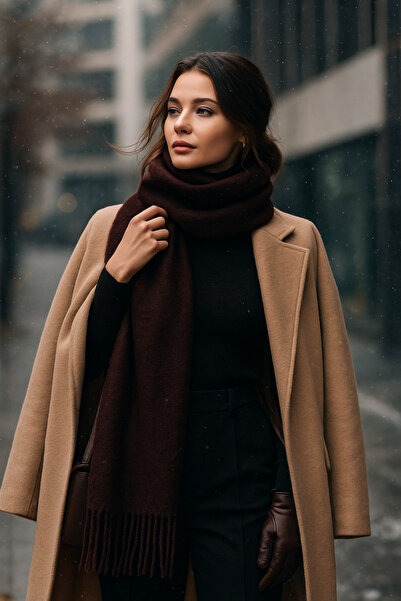 Luminos Butik Bitter Brown Tassel Scarf – Shawl with Soft and Wide Structure, Ideal for Cold Weather Sal1296