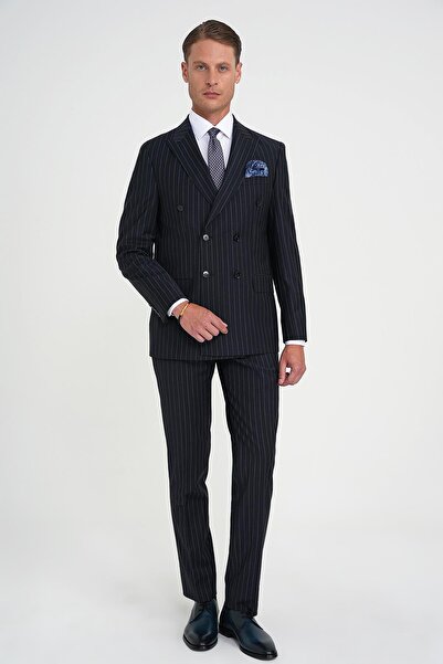Efor Slim Fit Çift Yırtmaç Çizgili Kruvaze Klasik Koyu Lacivert Takım Elbise Tk 925